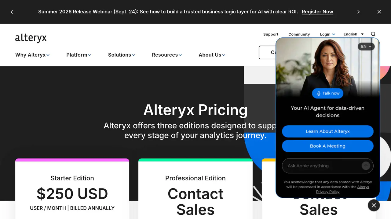 Pricing-page preview of Alteryx, captured Sep 16, 2026