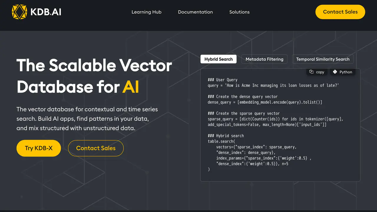 Homepage preview of KDB.AI, captured Jul 26, 2026