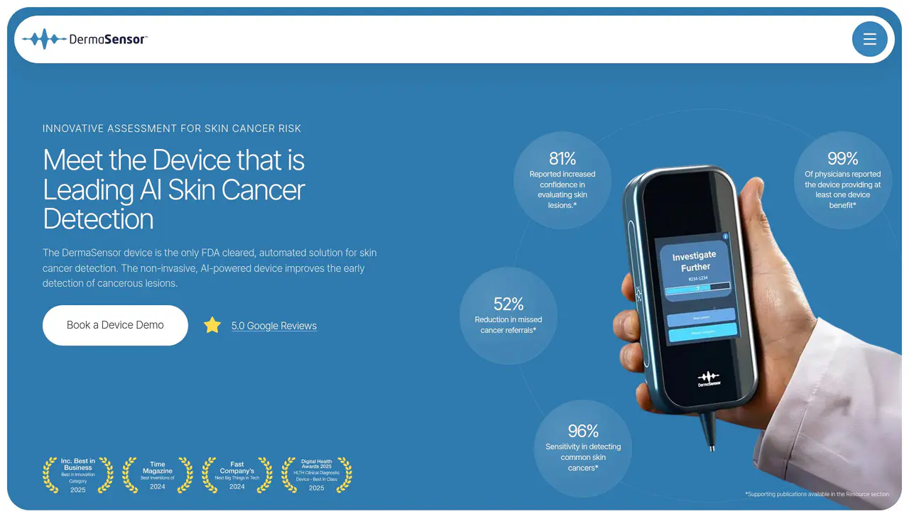Homepage preview of DermaSensor, captured Aug 1, 2026