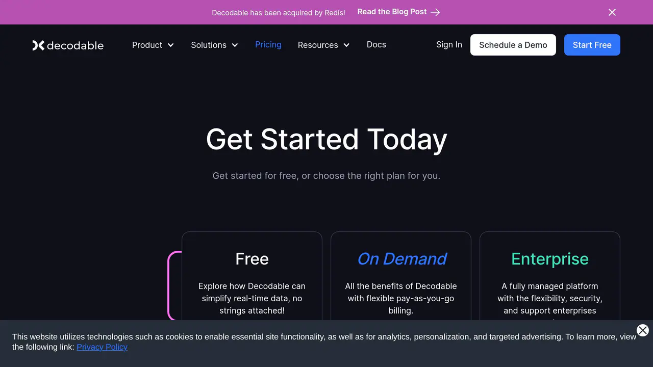 Pricing-page preview of Decodable, captured Aug 23, 2026