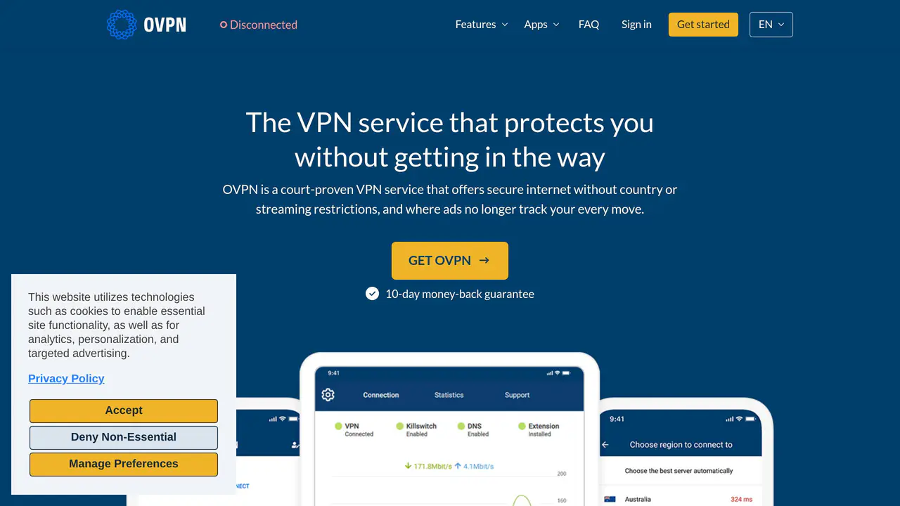 Homepage preview of OVPN, captured Jul 26, 2026