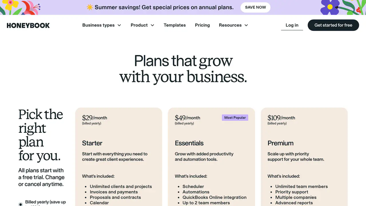 Pricing-page preview of HoneyBook, captured Sep 8, 2026