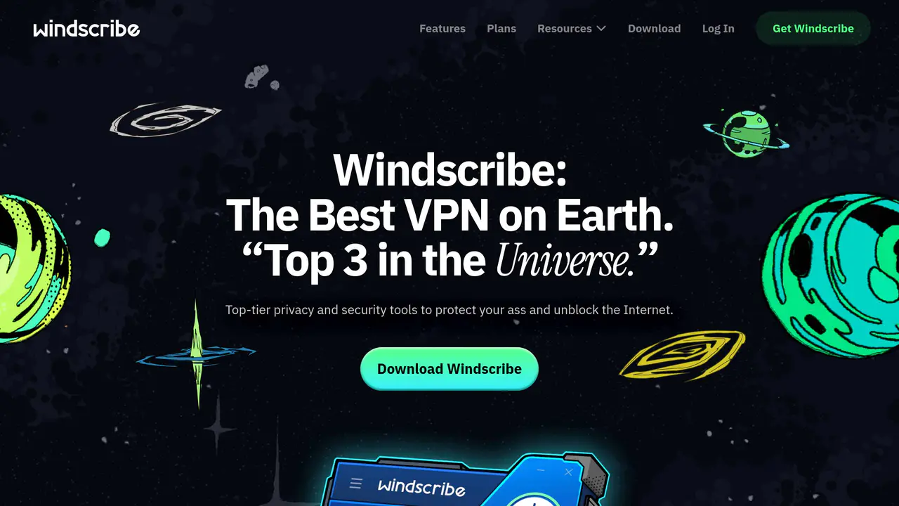 Homepage preview of Windscribe, captured Jul 24, 2026