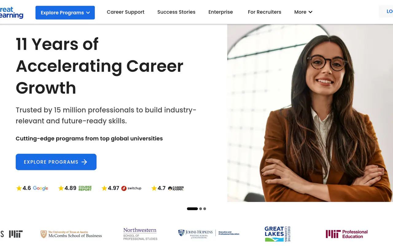Homepage preview of Great Learning, captured Jul 22, 2026