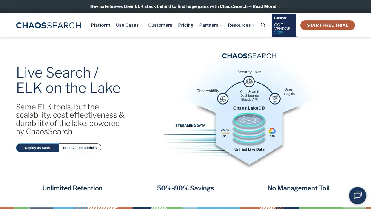 Homepage preview of ChaosSearch, captured Jul 29, 2026