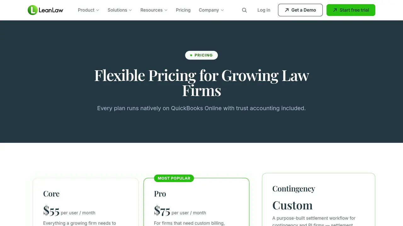 Pricing-page preview of LeanLaw, captured Aug 16, 2026
