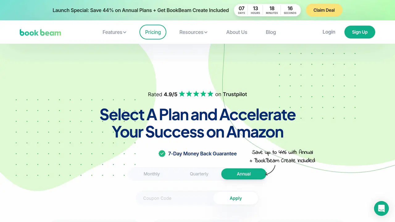 Pricing-page preview of BookBeam, captured Jul 24, 2026