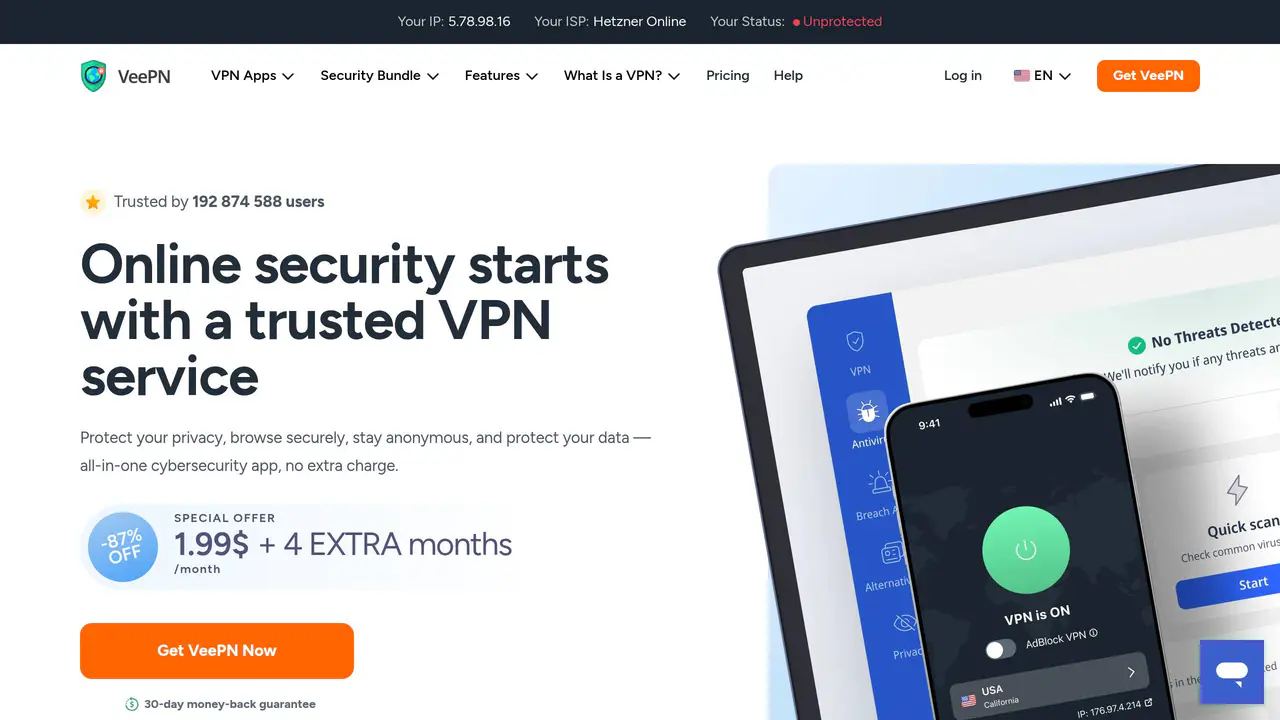 Homepage preview of VeePN, captured Jul 26, 2026