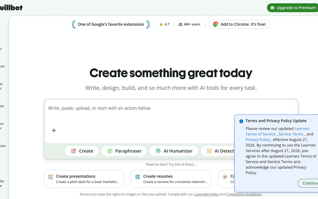 Homepage preview of QuillBot, captured Jul 22, 2026