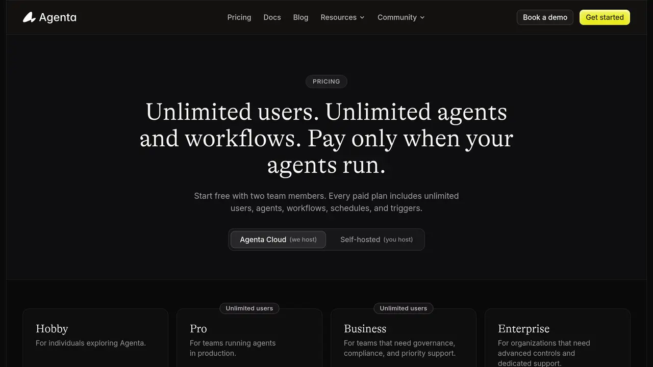 Pricing-page preview of Agenta, captured Aug 12, 2026