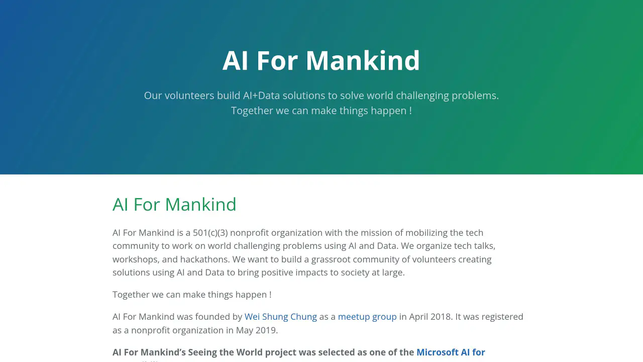 Homepage preview of AI for Mankind, captured Aug 30, 2026