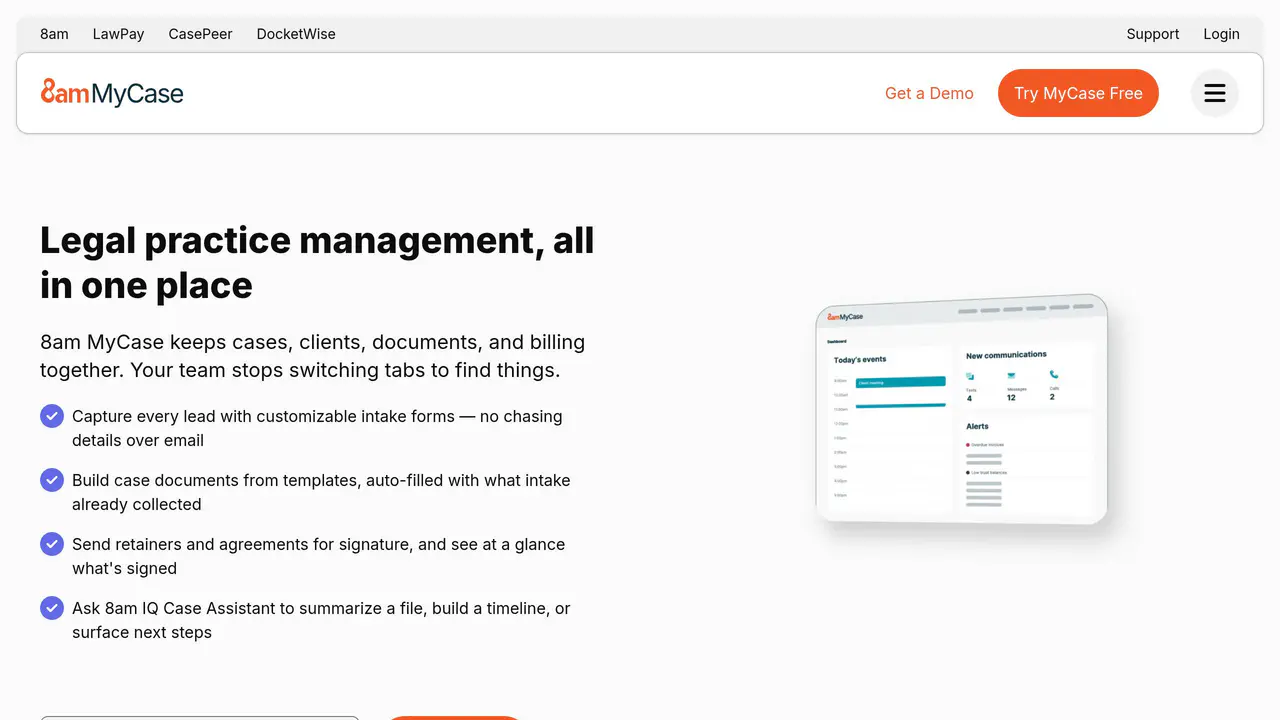 Homepage preview of MyCase, captured Sep 1, 2026