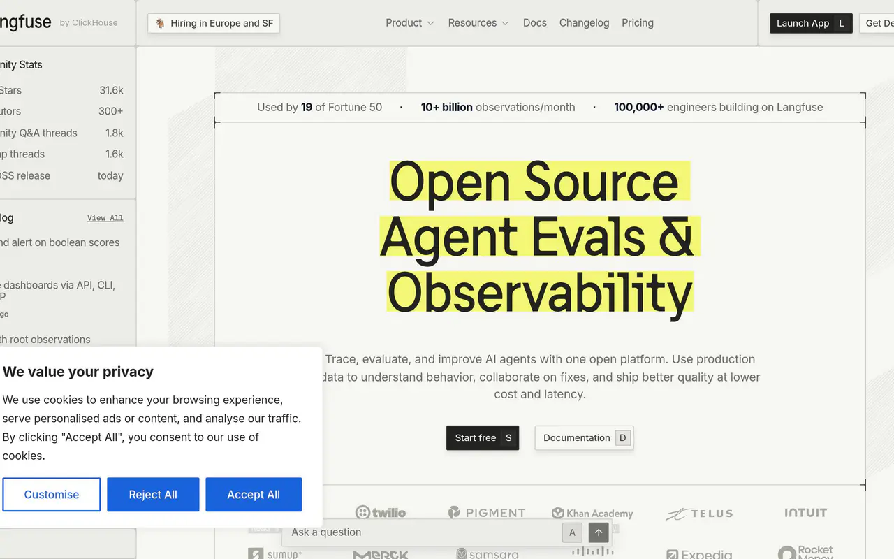 Homepage preview of Langfuse, captured Jul 21, 2026