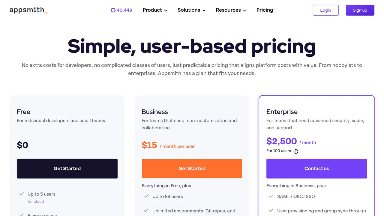 Pricing-page preview of Appsmith, captured Jul 23, 2026
