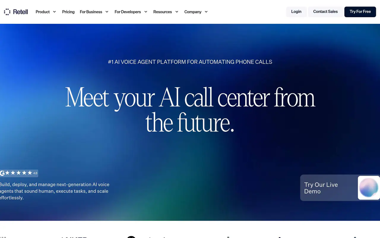 Homepage preview of Retell AI, captured Jul 21, 2026