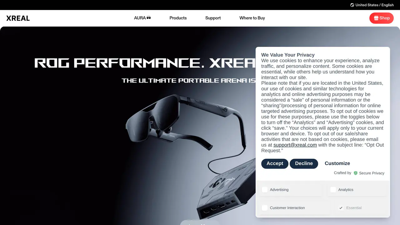Homepage preview of XREAL Air 2, captured Jul 23, 2026