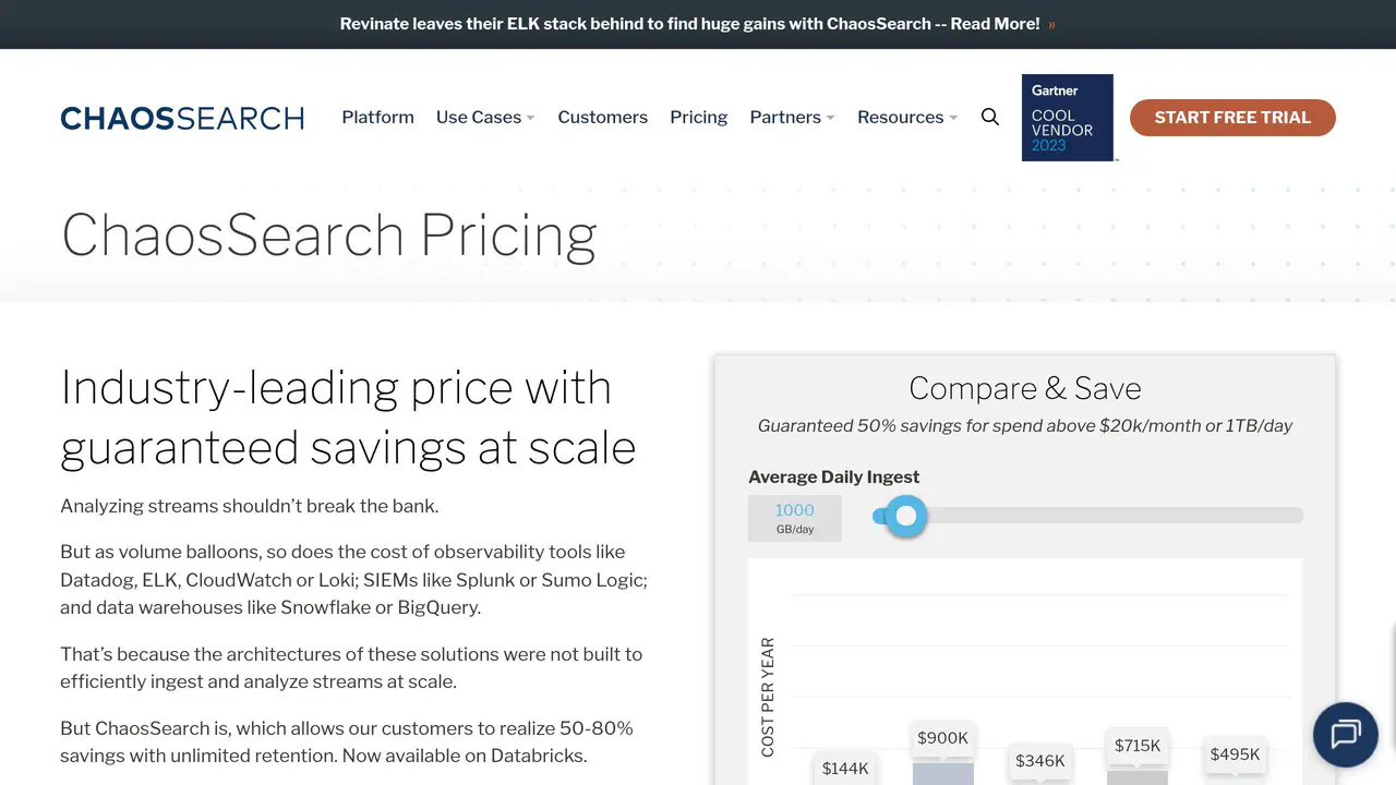 Pricing-page preview of ChaosSearch, captured Aug 17, 2026