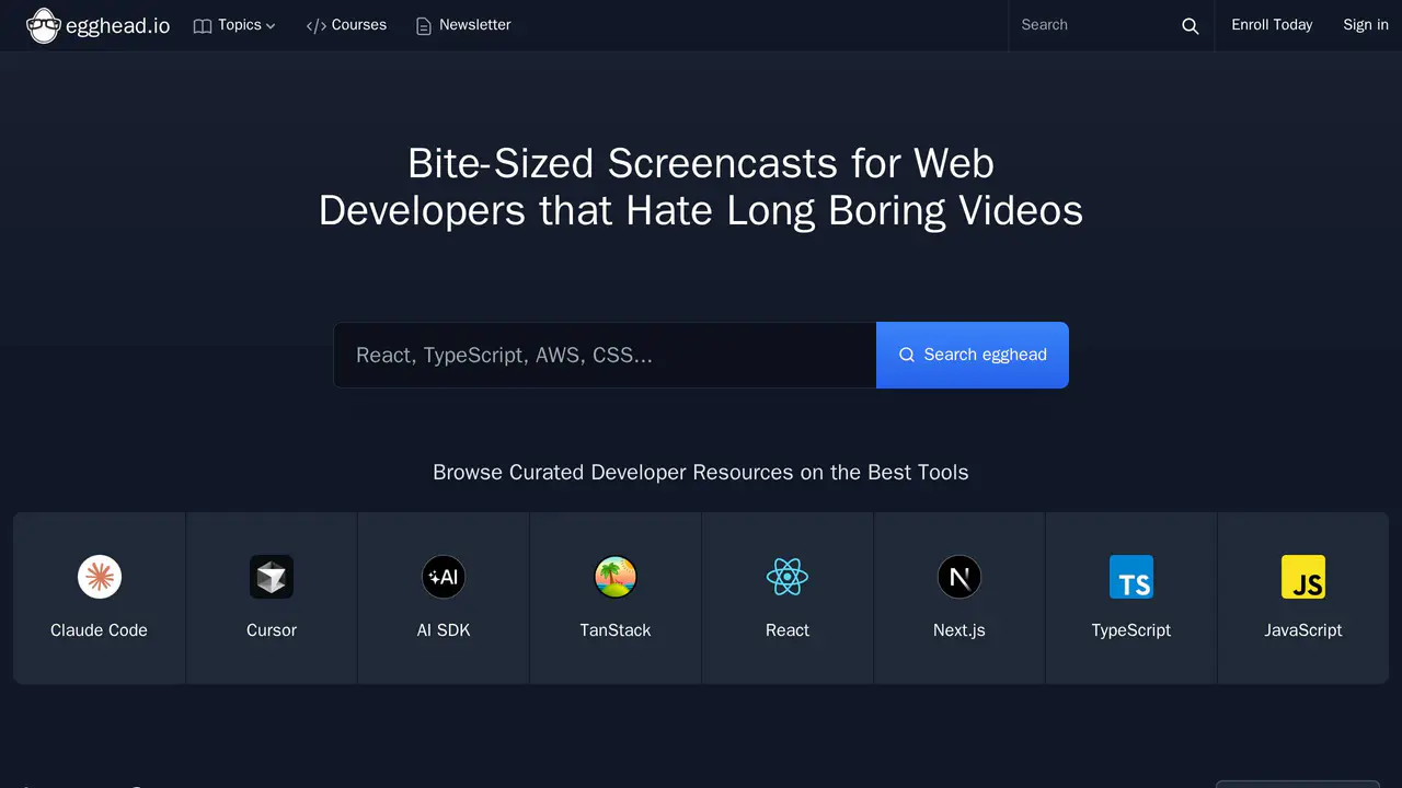 Homepage preview of Egghead.io, captured Jul 31, 2026