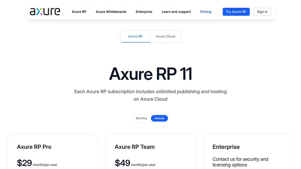Pricing-page preview of Axure, captured Aug 23, 2026
