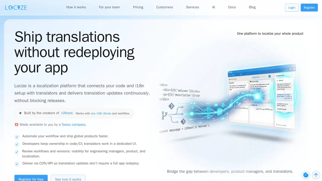 Homepage preview of Locize, captured Jul 30, 2026