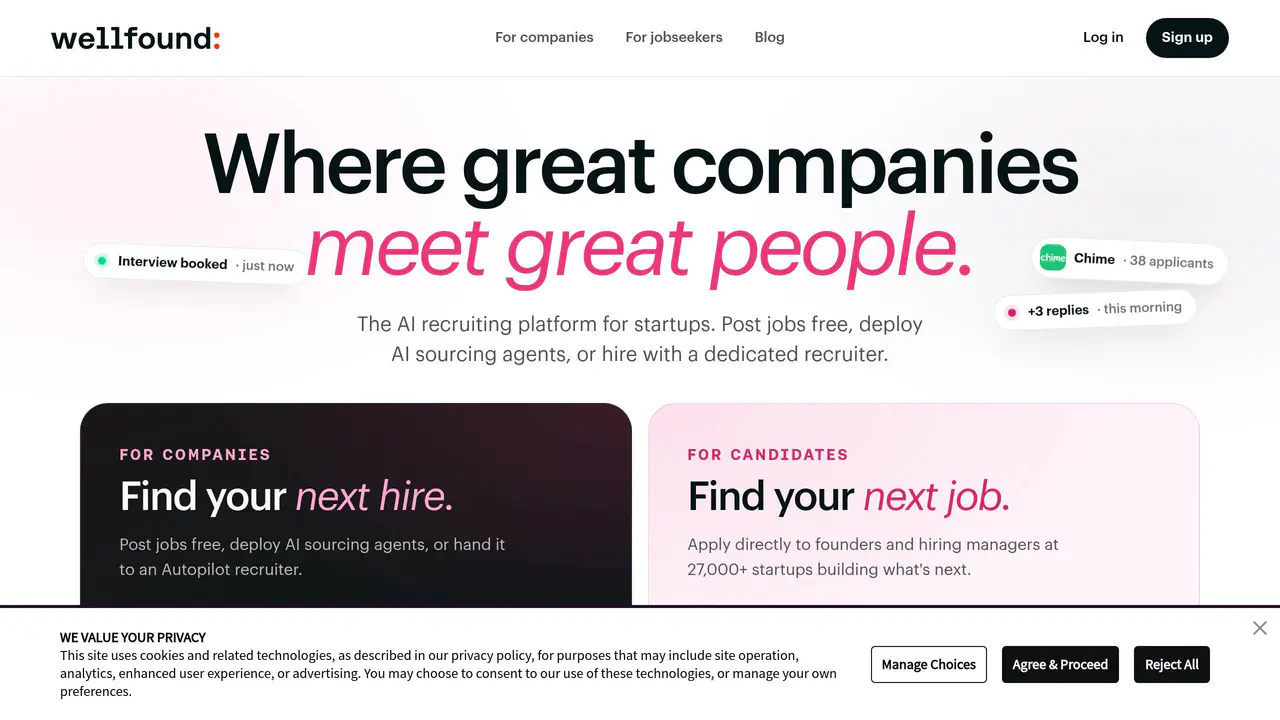 Homepage preview of Wellfound, captured Jul 27, 2026