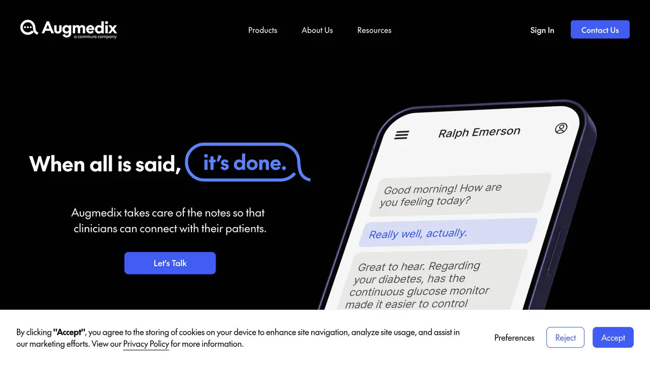 Homepage preview of Augmedix, captured Jul 24, 2026