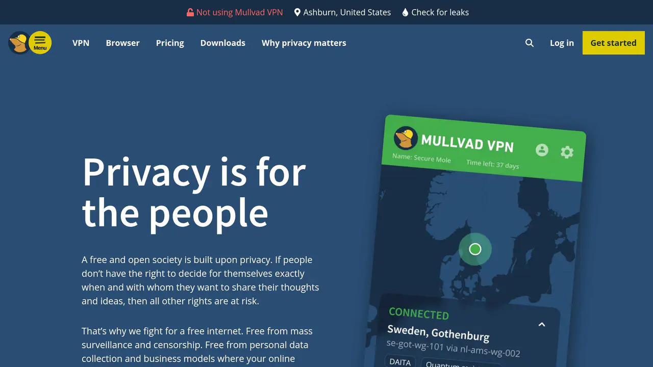 Homepage preview of Mullvad VPN, captured Aug 1, 2026