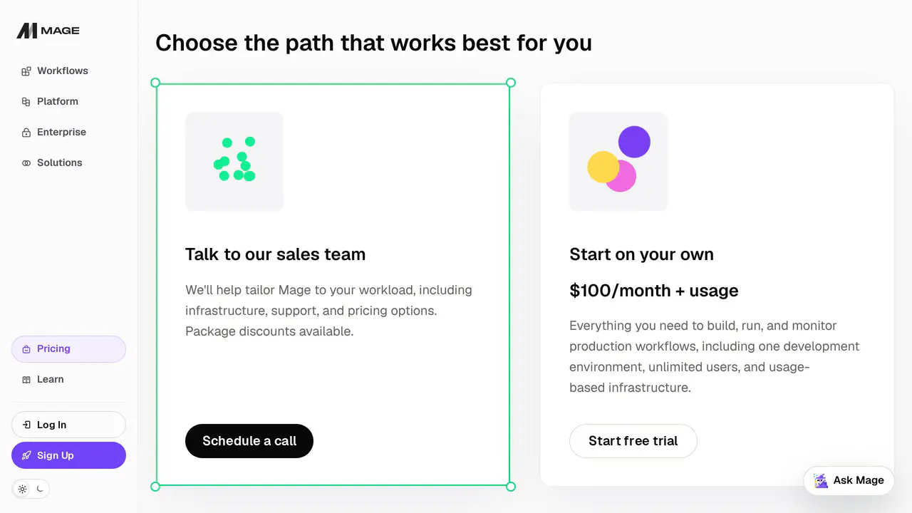Pricing-page preview of Mage, captured Jul 23, 2026