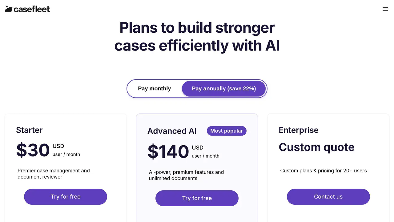 Pricing-page preview of CaseFleet, captured Aug 23, 2026