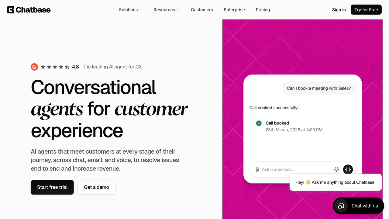 Homepage preview of Chatbase, captured Aug 25, 2026