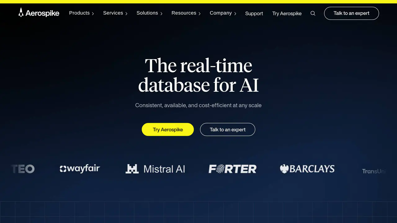 Homepage preview of Aerospike, captured Aug 1, 2026