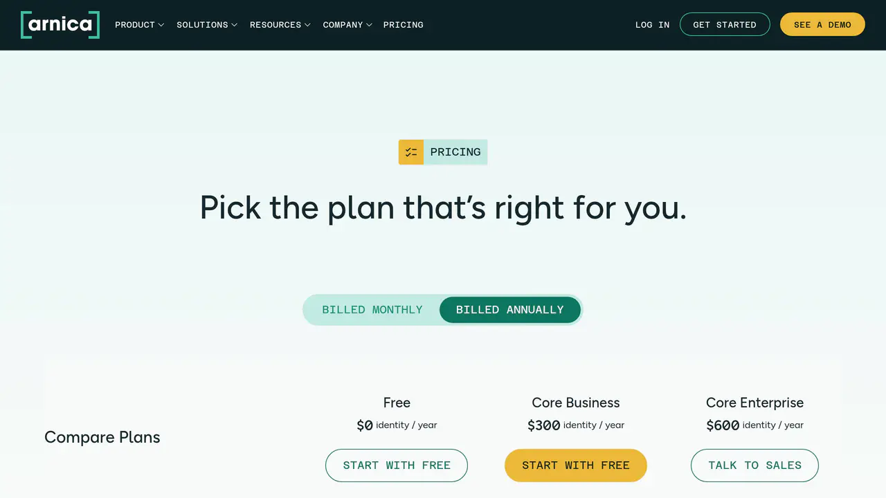 Pricing-page preview of Arnica, captured Aug 12, 2026