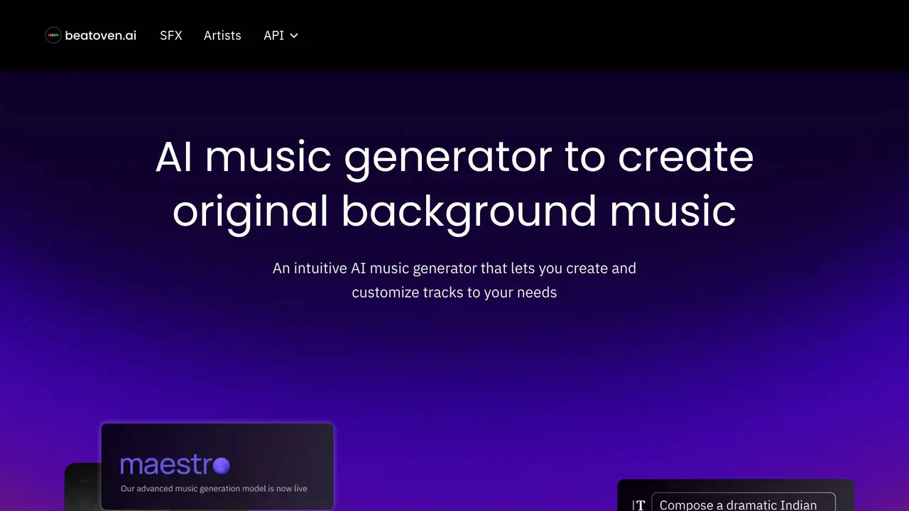 Homepage preview of Beatoven.ai, captured Jul 23, 2026
