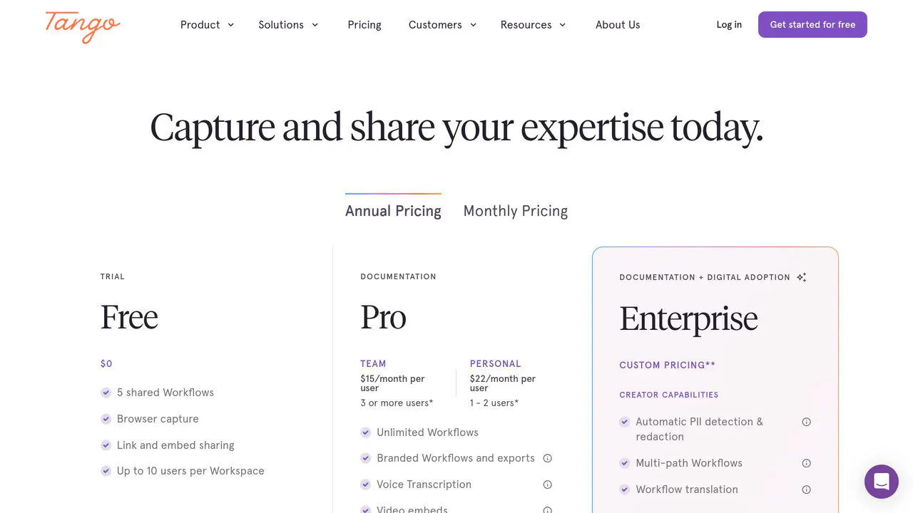 Pricing-page preview of Tango, captured Jul 24, 2026