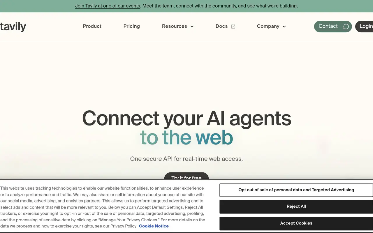 Homepage preview of Tavily, captured Jul 21, 2026