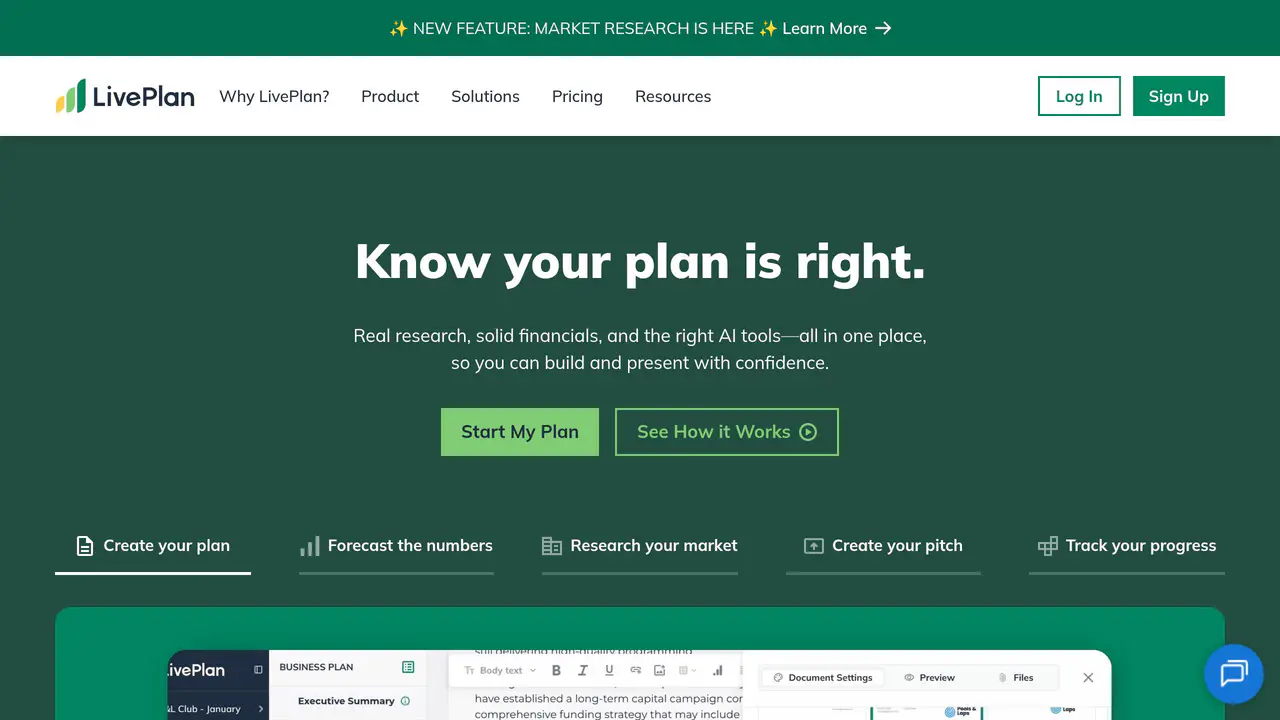 Homepage preview of LivePlan, captured Jul 23, 2026
