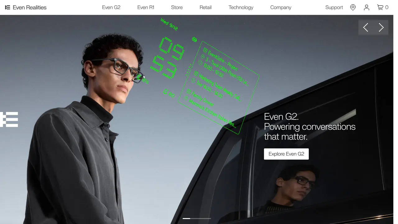 Homepage preview of Even Realities G1, captured Sep 1, 2026
