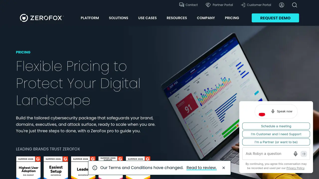 Pricing-page preview of ZeroFox, captured Jul 23, 2026