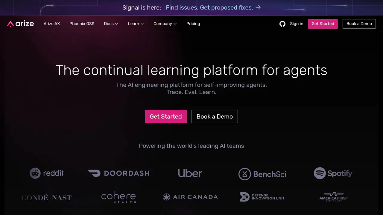 Homepage preview of Arize AI, captured Aug 6, 2026