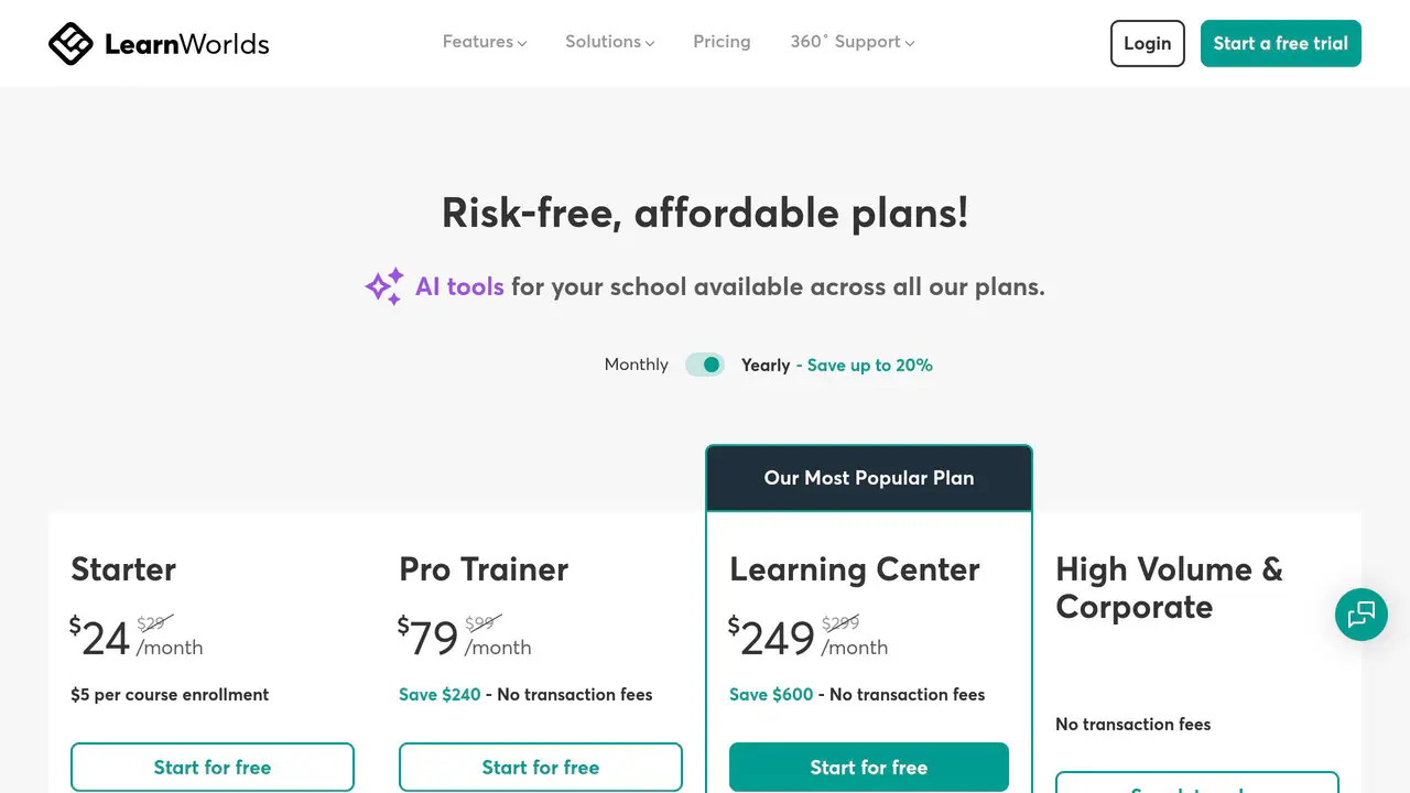 Pricing-page preview of LearnWorlds, captured Jul 23, 2026