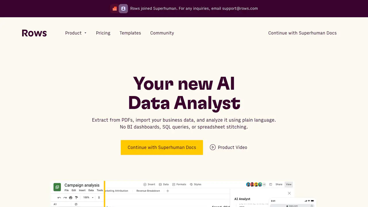 Homepage preview of Rows, captured Jul 23, 2026
