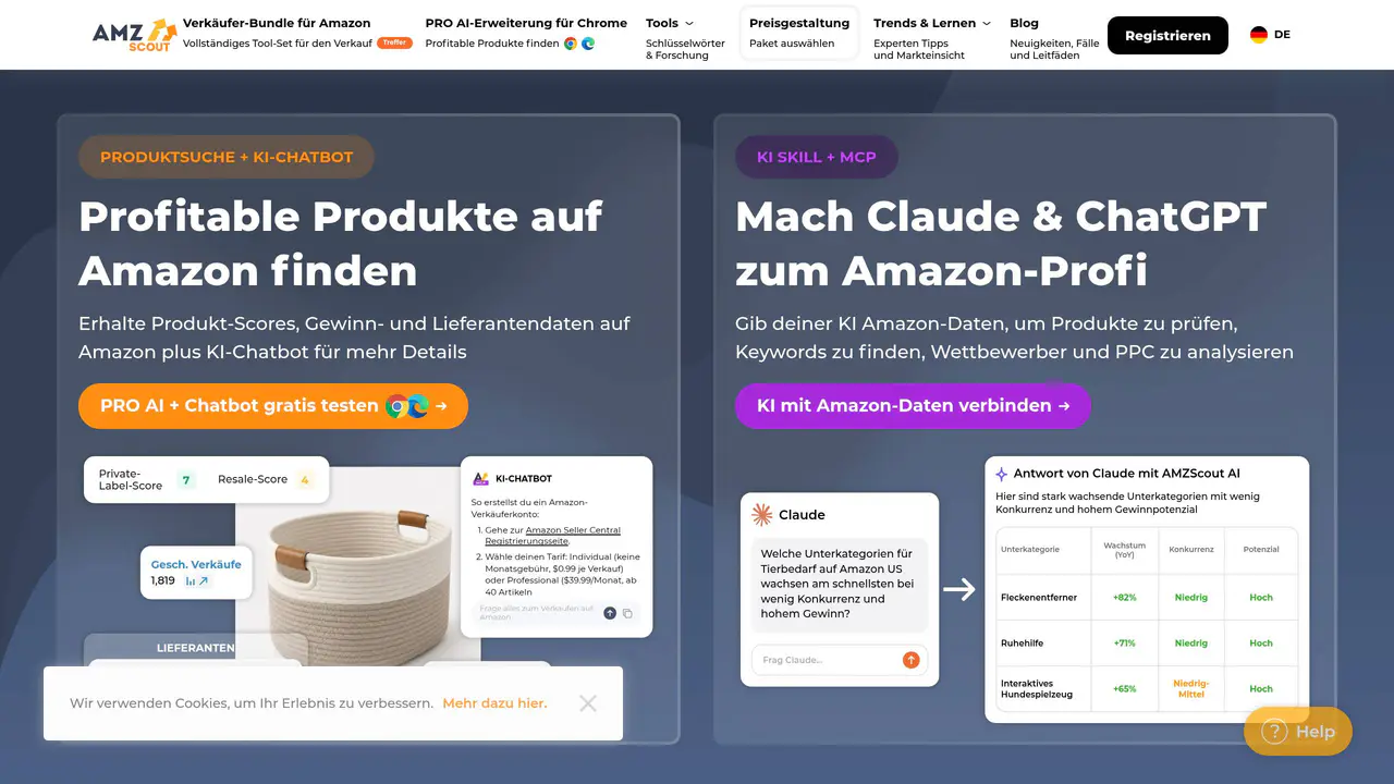 Homepage preview of AMZScout, captured Aug 31, 2026