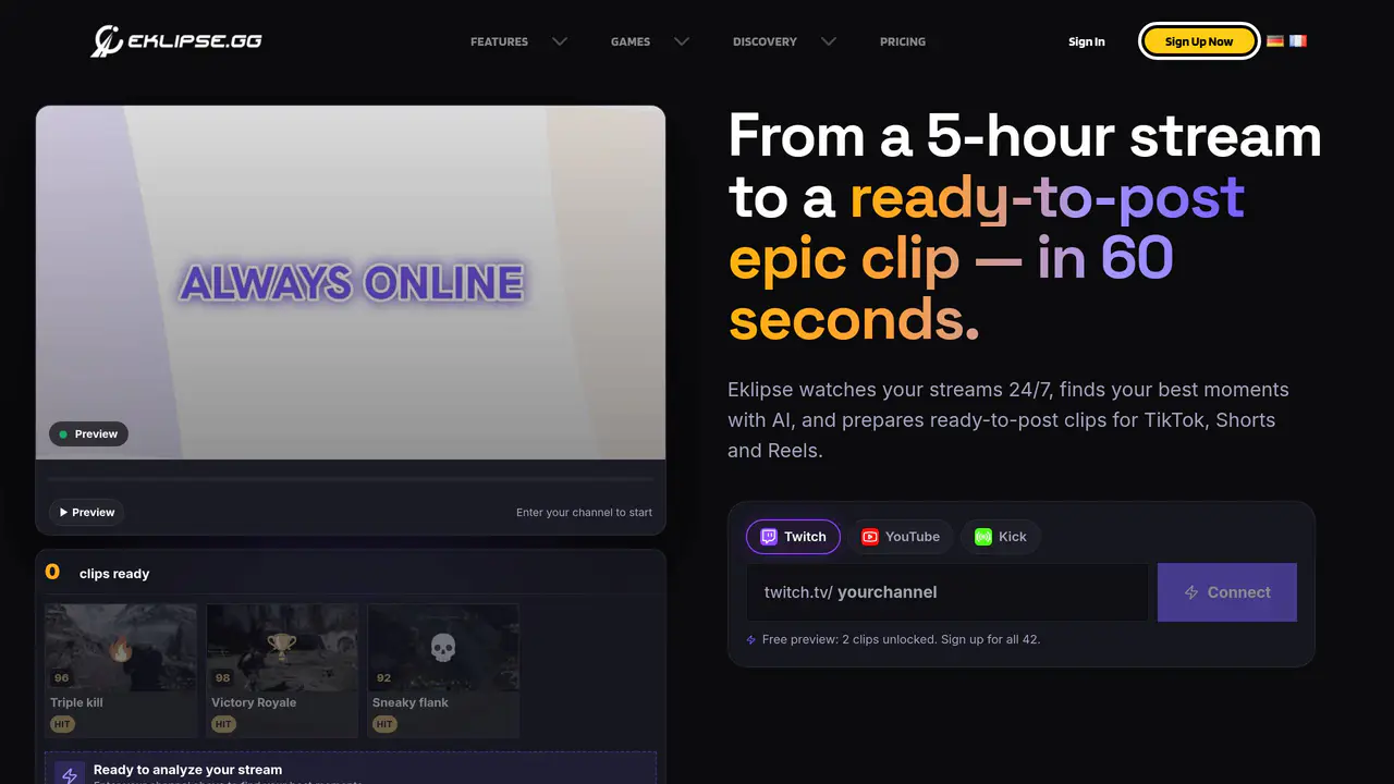 Homepage preview of Eklipse, captured Aug 25, 2026