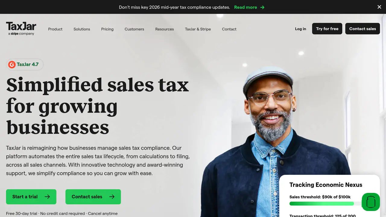 Homepage preview of TaxJar, captured Jul 23, 2026
