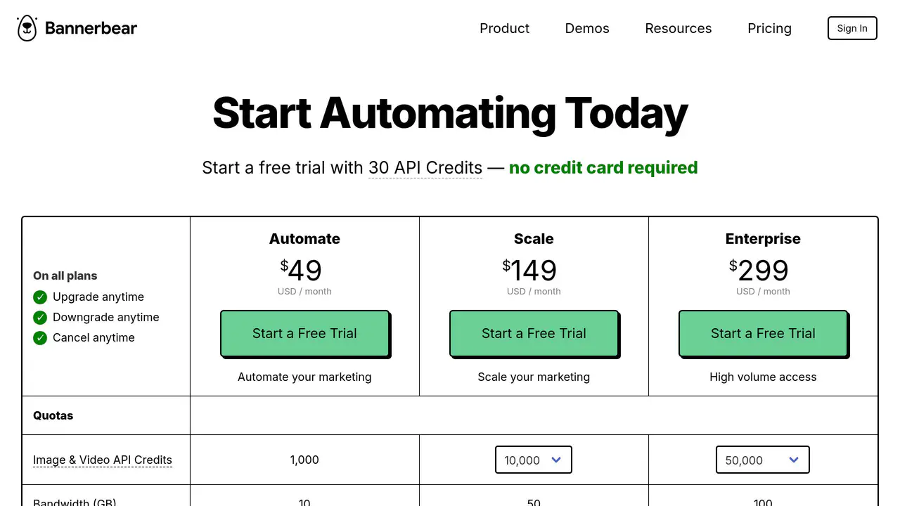 Pricing-page preview of Bannerbear, captured Sep 2, 2026