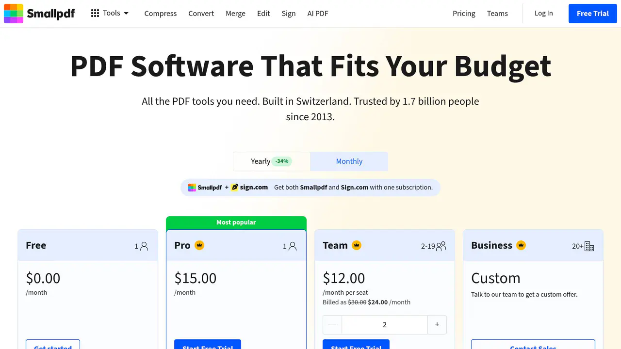 Pricing-page preview of Smallpdf AI, captured Jul 24, 2026