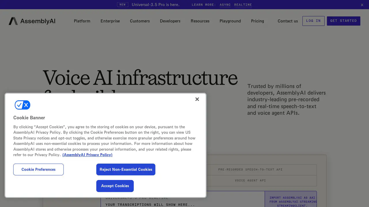Homepage preview of AssemblyAI, captured Aug 7, 2026