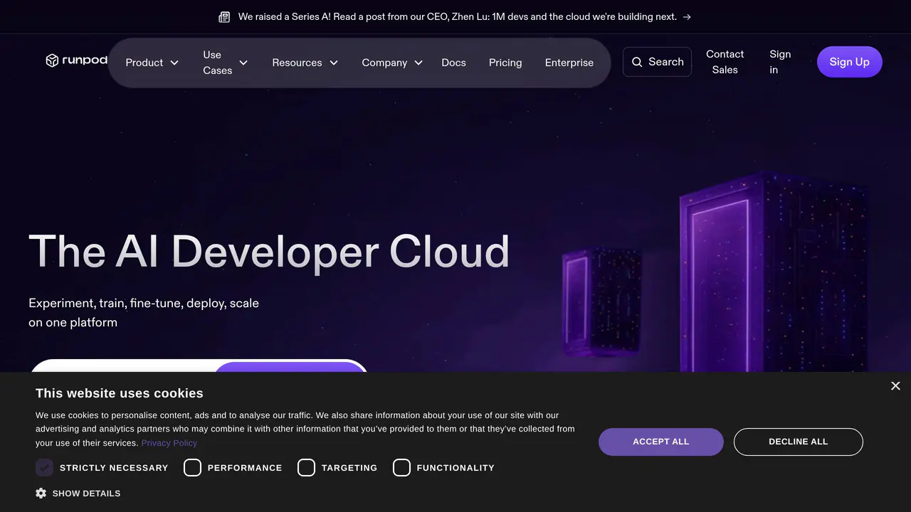 Homepage preview of RunPod, captured Jul 23, 2026