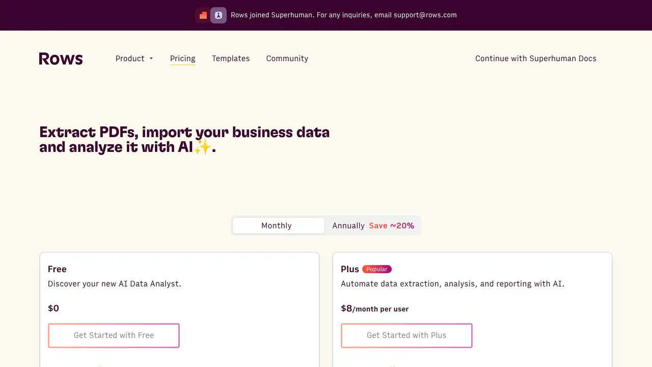 Pricing-page preview of Rows, captured Jul 23, 2026