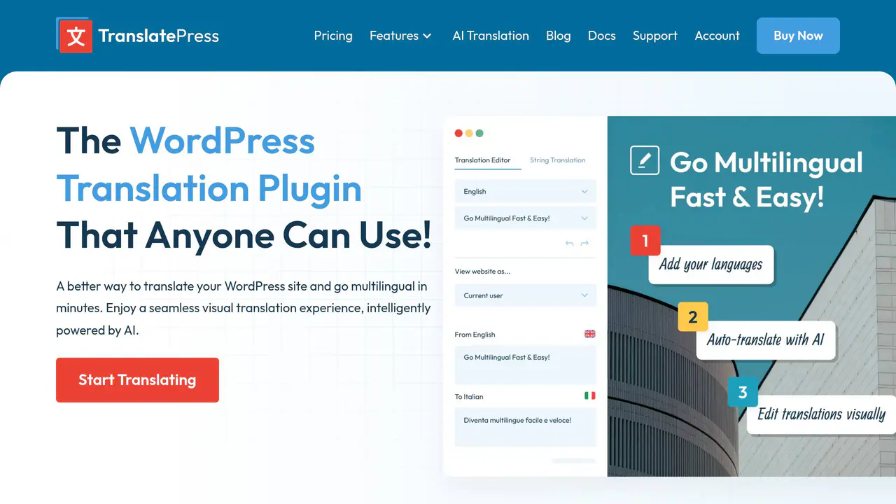 Homepage preview of TranslatePress, captured Jul 27, 2026